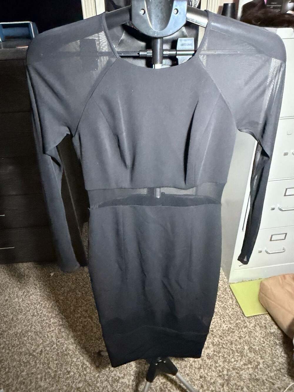 Jay Godfrey Black Long Sleeve Mesh Panel Cocktail Mini Dress